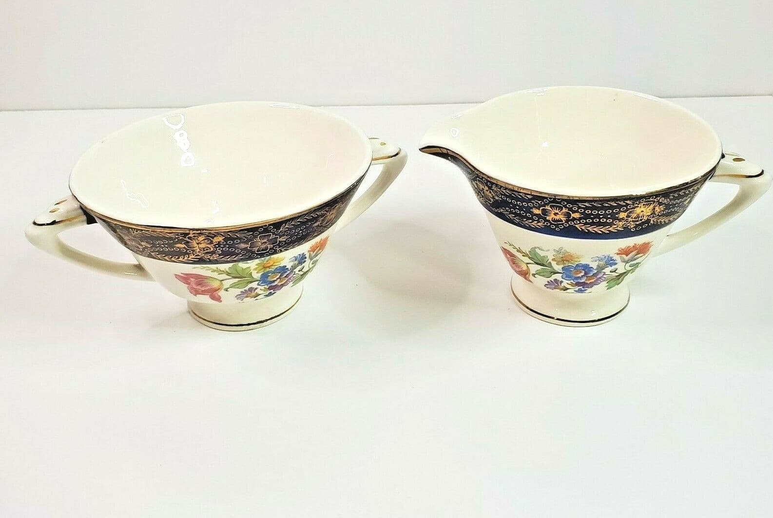 Vintage Royal Stetson Deluxe China Cobalt 22Kt Gold Floral Creamer & Sugar Set - Thumbnail 2