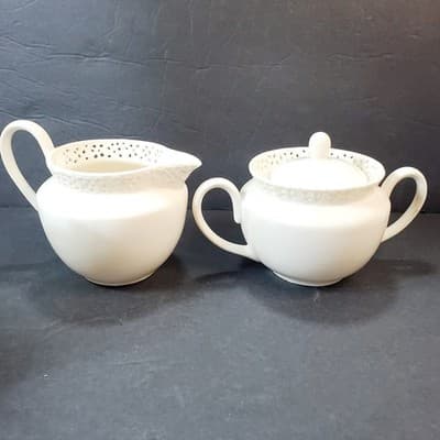 Vintage L. Godinger Co Cream Lace Reticulated Sugar Bowl with Lid & Creamer - Thumbnail 5