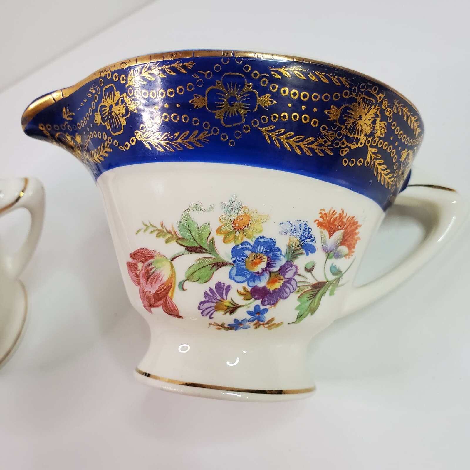 Vintage Royal Stetson Deluxe China Cobalt 22Kt Gold Floral Creamer & Sugar Set - Thumbnail 3