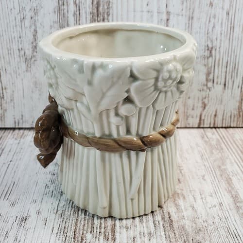 Vintage 1975 Fitz & Floyd Off-White Flower Floral Bouquet Brown Bow Vase 3 5/8" - Thumbnail 5