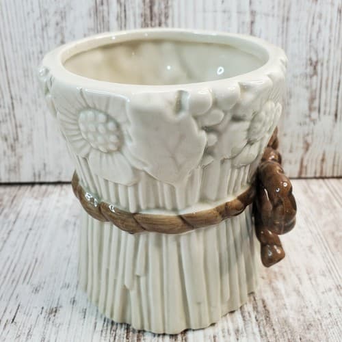 Vintage 1975 Fitz & Floyd Off-White Flower Floral Bouquet Brown Bow Vase 3 5/8" - Thumbnail 3