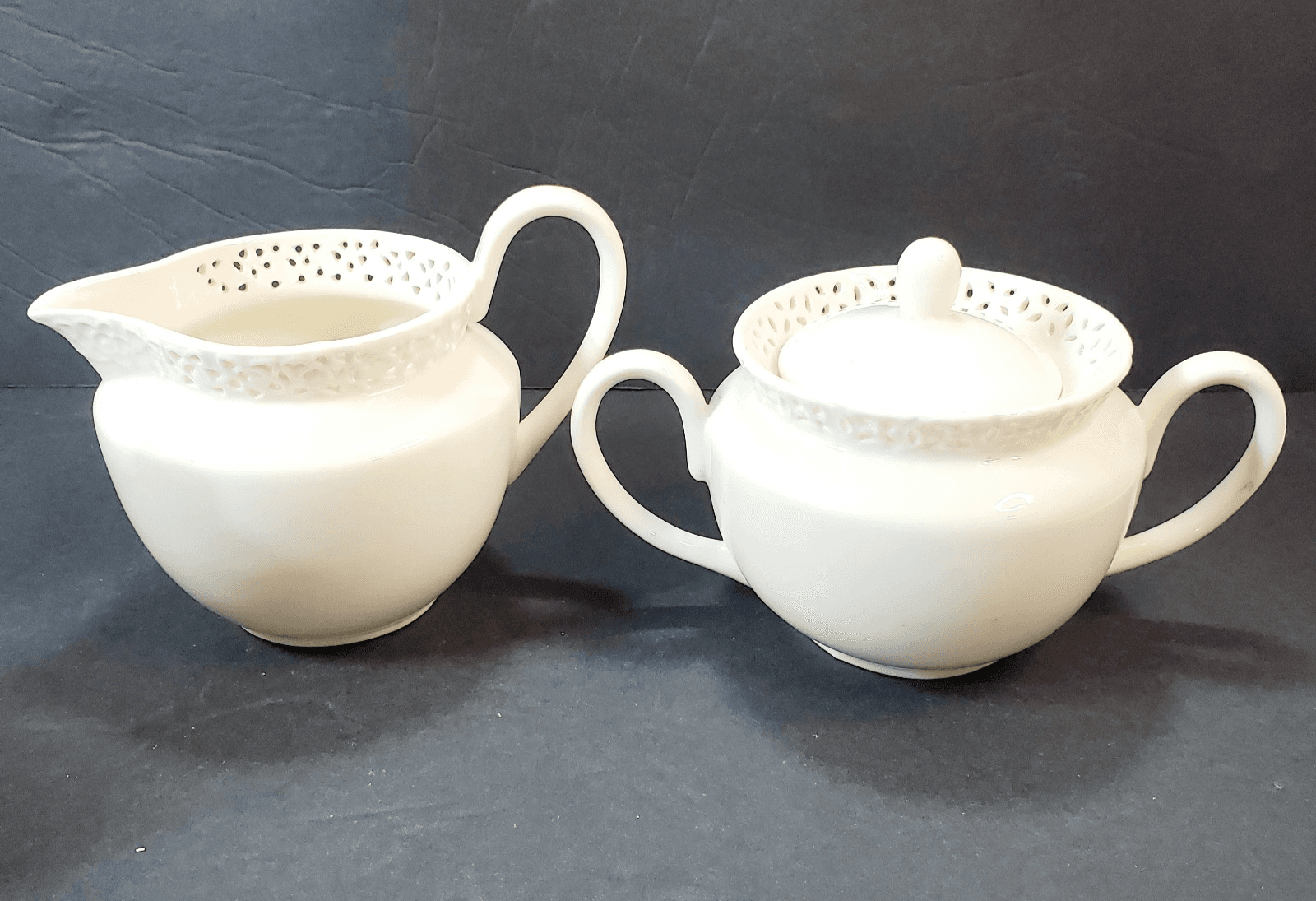 Vintage L. Godinger Co Cream Lace Reticulated Sugar Bowl with Lid & Creamer