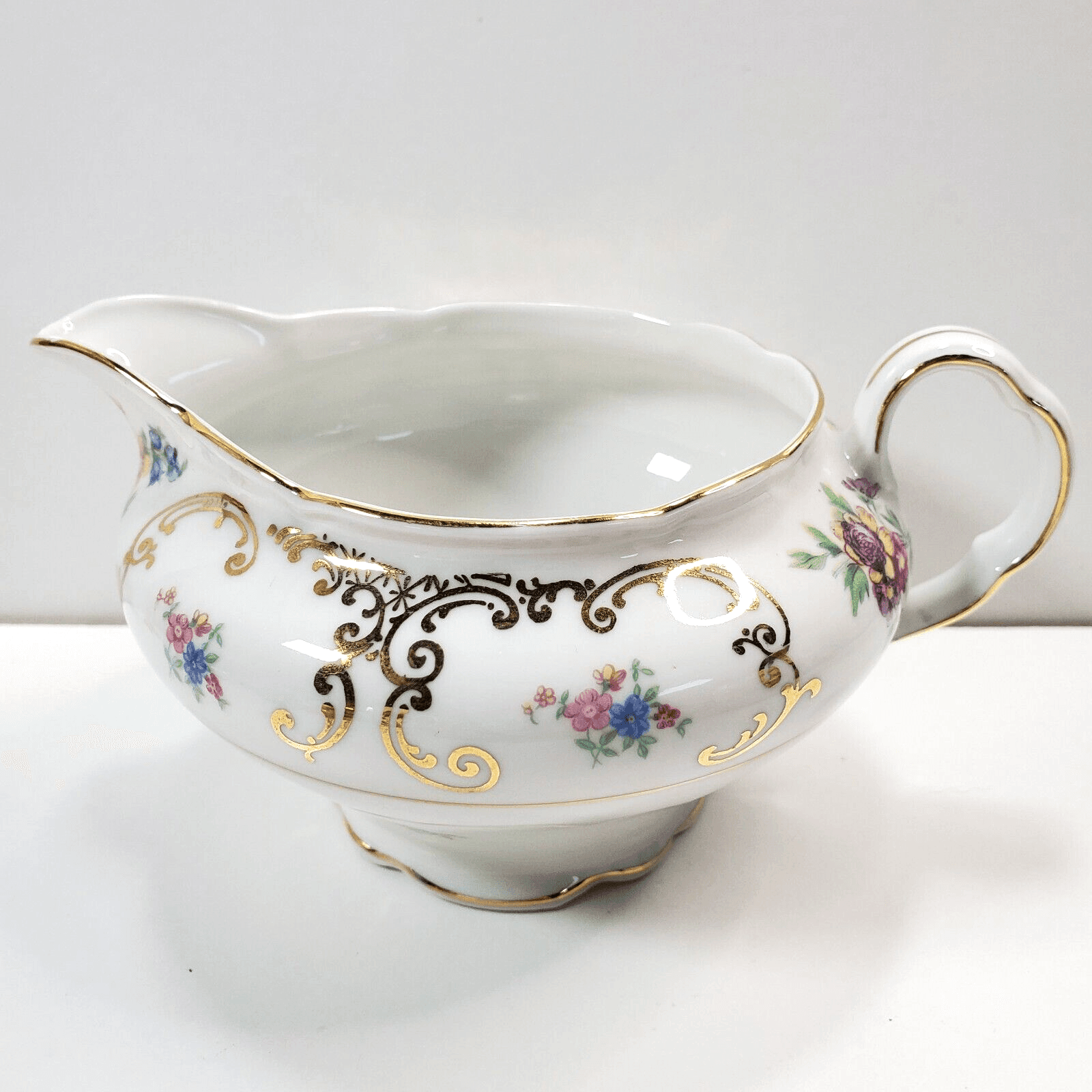 Vintage Victoria China Creamer Made In Czechoslovakia Floral Gold Scroll Pattern