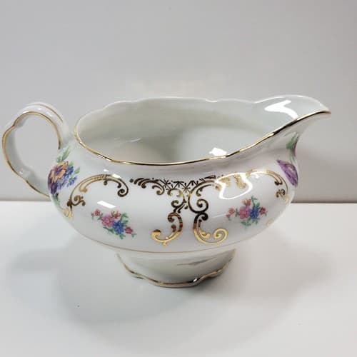 Vintage Victoria China Creamer Made In Czechoslovakia Floral Gold Scroll Pattern - Thumbnail 4