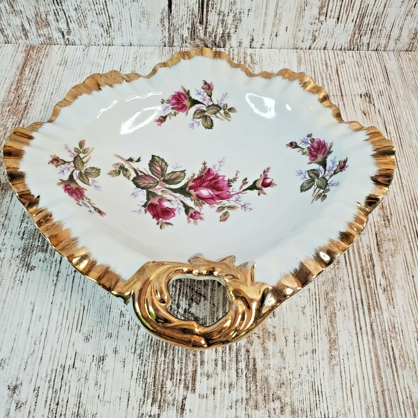 Vintage Moss Rose China Floral Candy Dish Japan Scalloped Gold Rim W/ Handle - Thumbnail 3