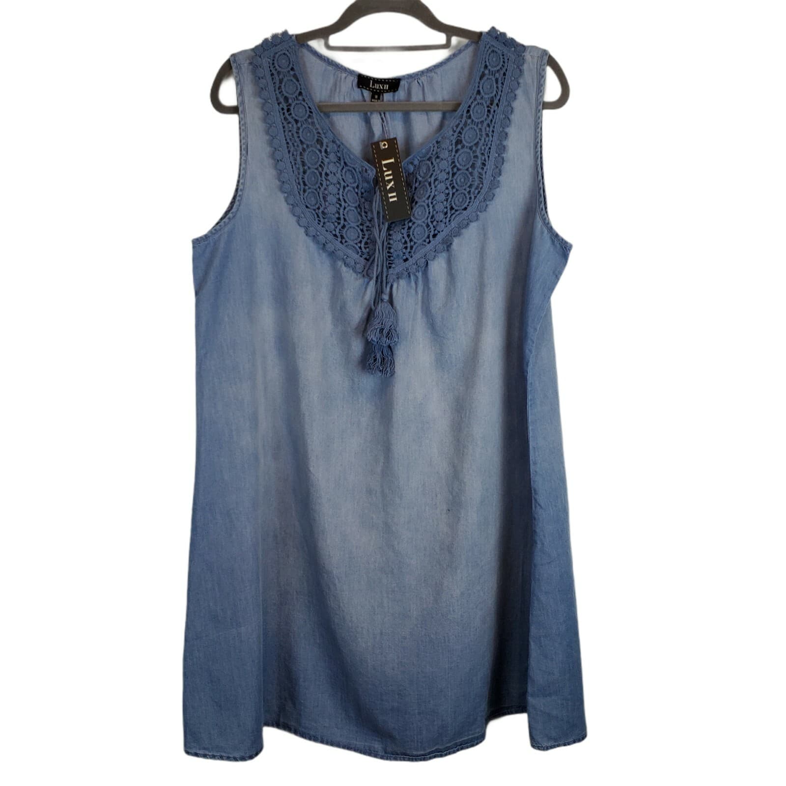 Lux II Summer Chambray Crocheted Tassels Sleeveless Shift Dress Plus Size 16