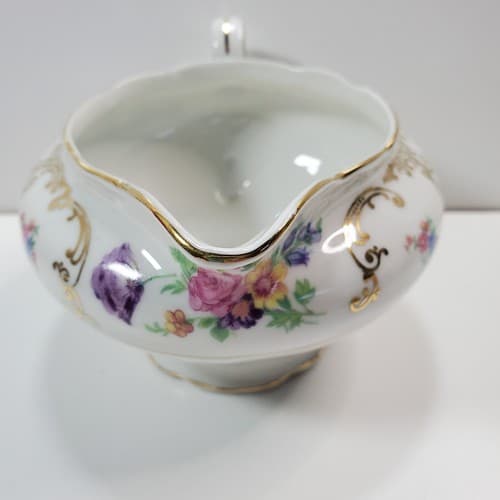 Vintage Victoria China Creamer Made In Czechoslovakia Floral Gold Scroll Pattern - Thumbnail 2
