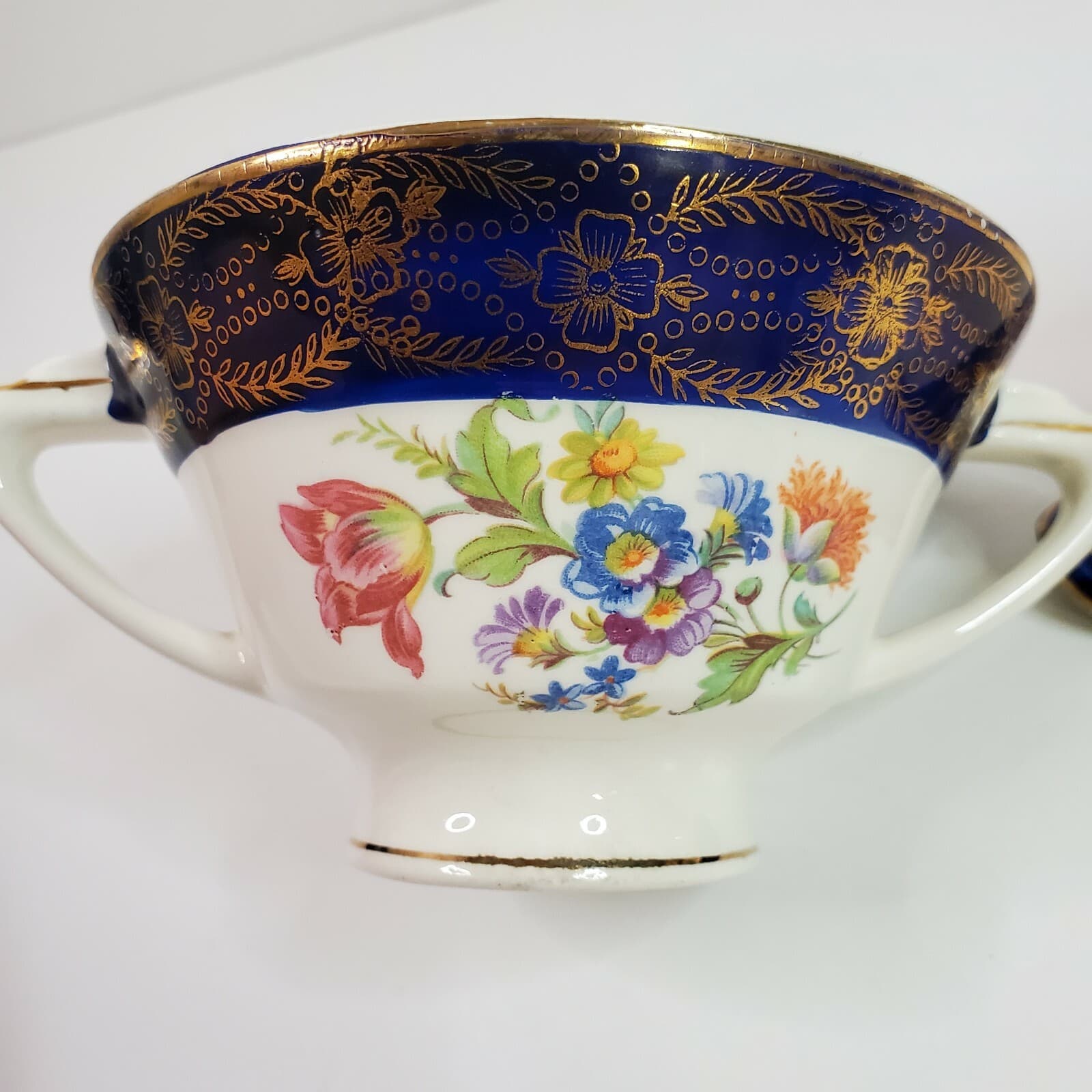 Vintage Royal Stetson Deluxe China Cobalt 22Kt Gold Floral Creamer & Sugar Set - Thumbnail 4