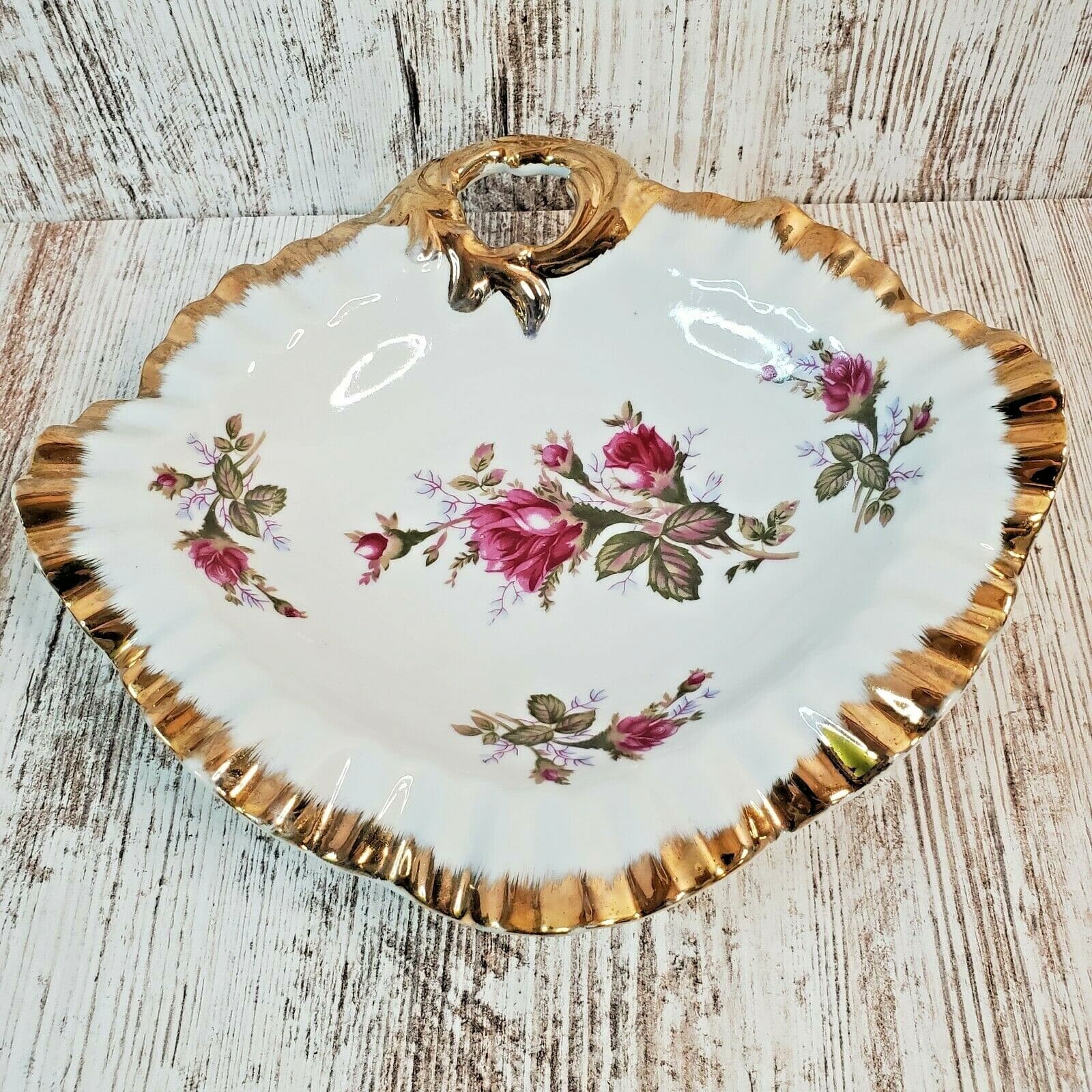 Vintage Moss Rose China Floral Candy Dish Japan Scalloped Gold Rim W/ Handle