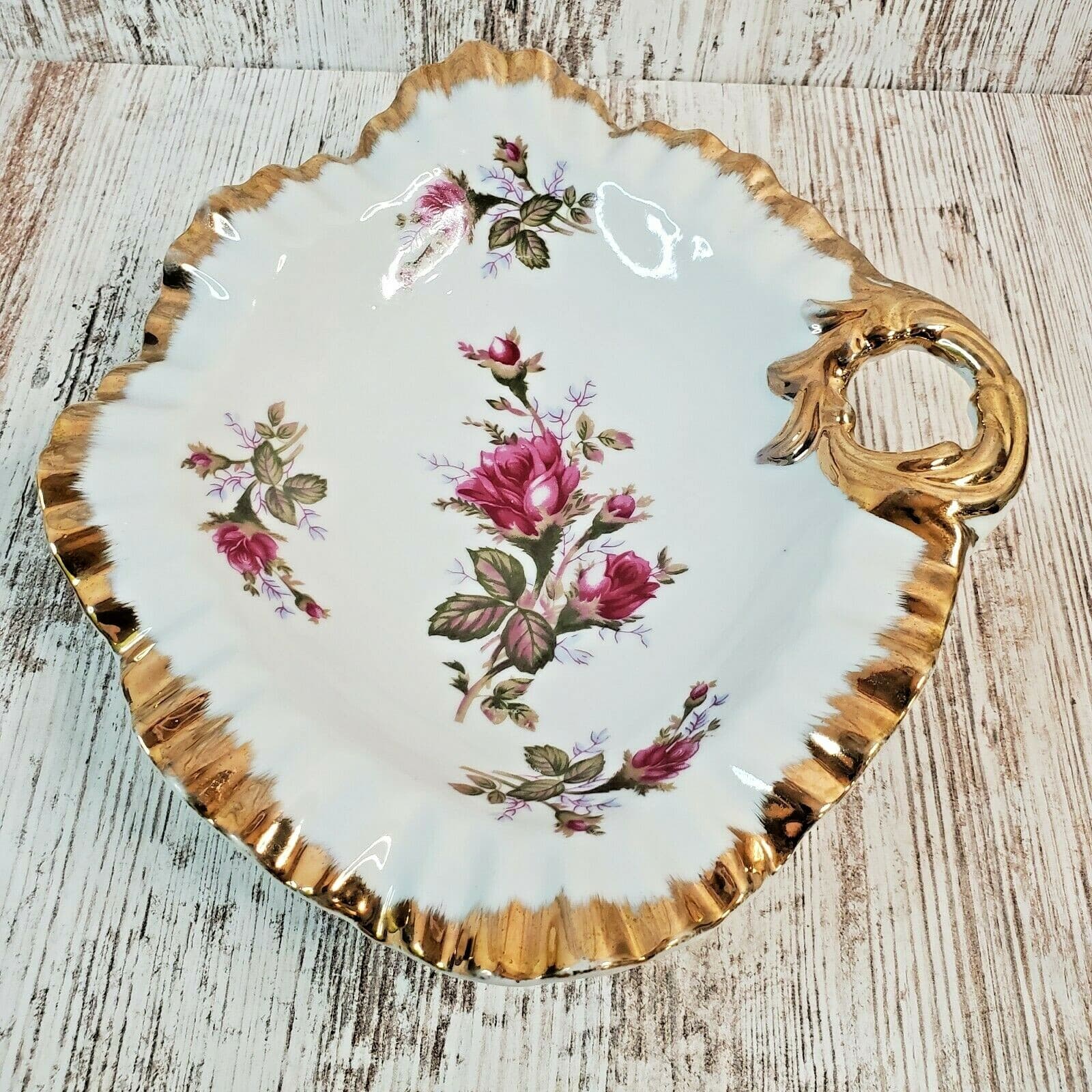 Vintage Moss Rose China Floral Candy Dish Japan Scalloped Gold Rim W/ Handle - Thumbnail 2