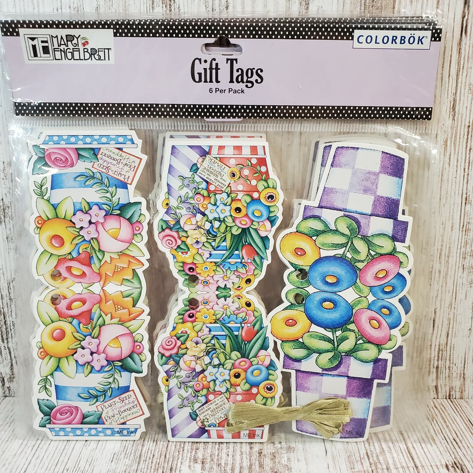 Lot of 4 Mary Engelbreit Colorbok 2006 Floral Gift Tags with Ribbon New Sealed