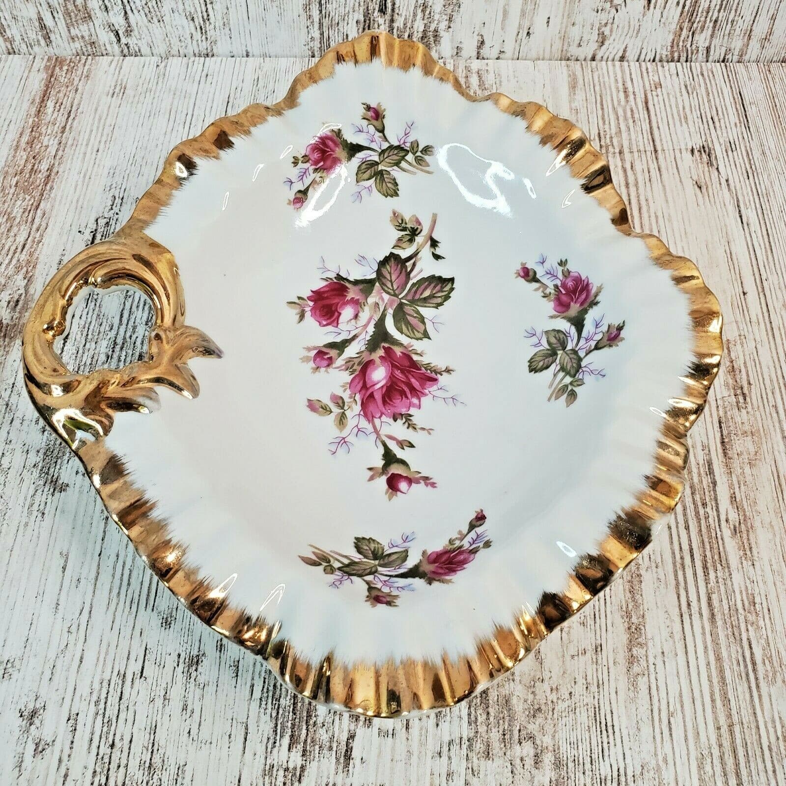 Vintage Moss Rose China Floral Candy Dish Japan Scalloped Gold Rim W/ Handle - Thumbnail 4