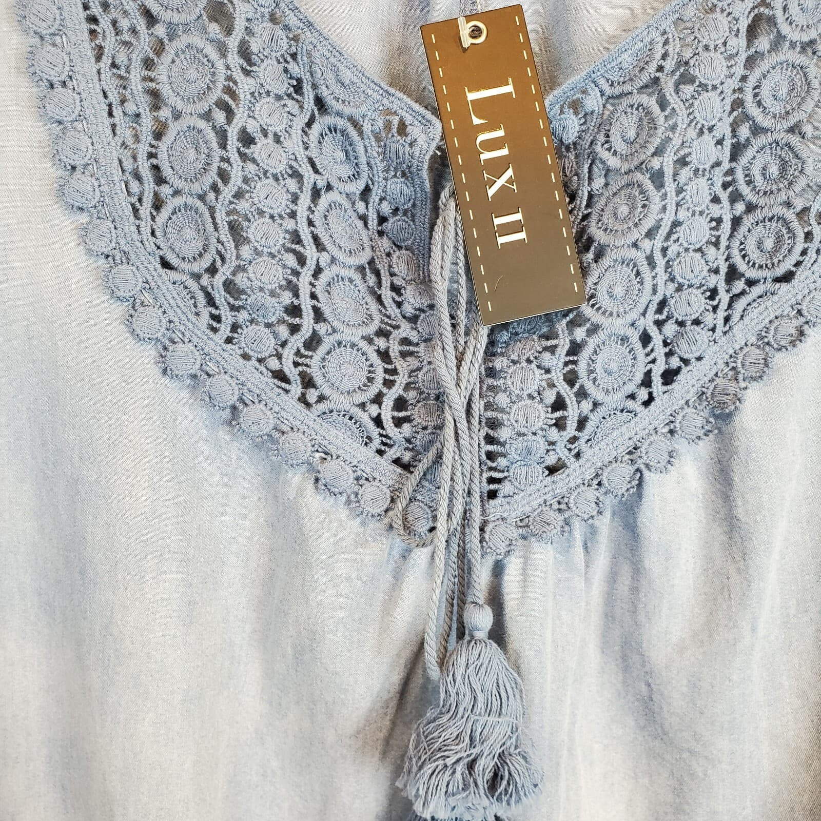 Lux II Summer Chambray Crocheted Tassels Sleeveless Shift Dress Plus Size 16 - Thumbnail 5