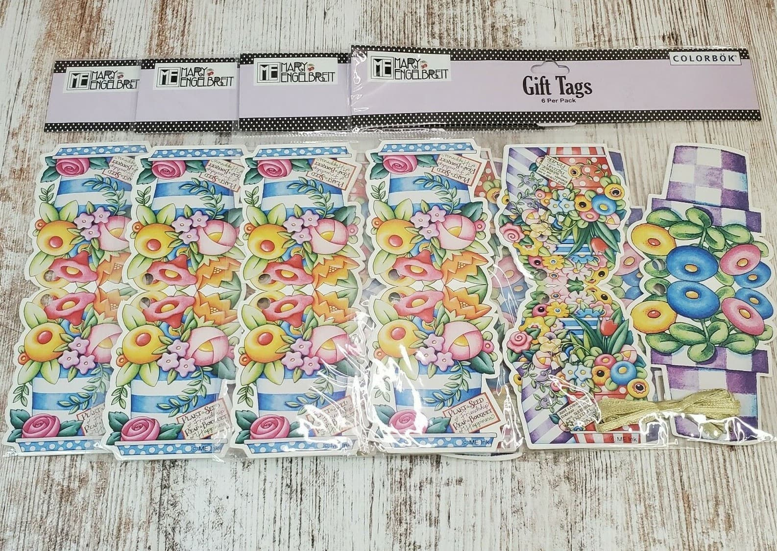 Lot of 4 Mary Engelbreit Colorbok 2006 Floral Gift Tags with Ribbon New Sealed - Thumbnail 2