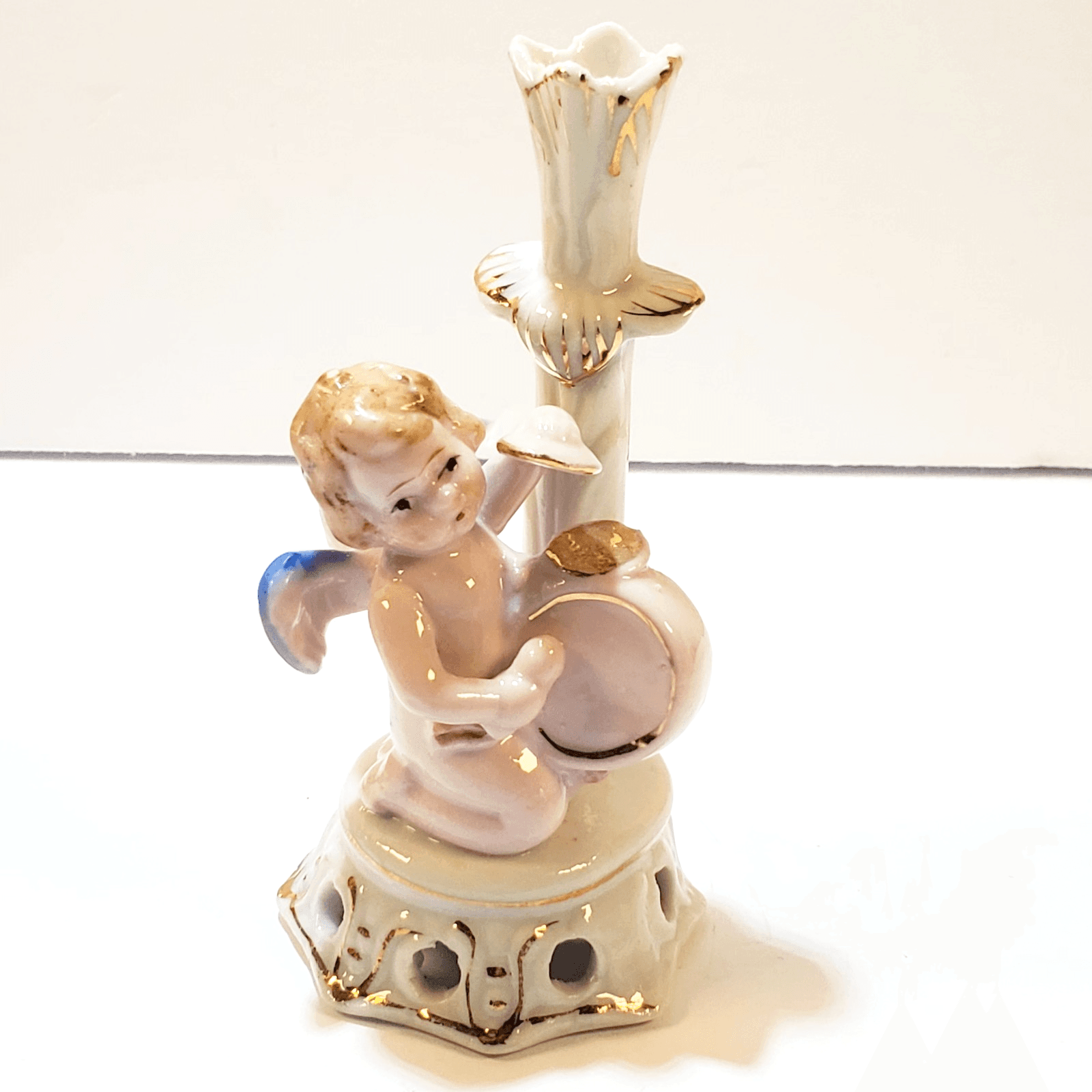 Vtg Japan Porcelain Angel Cherub Drummer Band Drum Choir Candle Holder Figurine