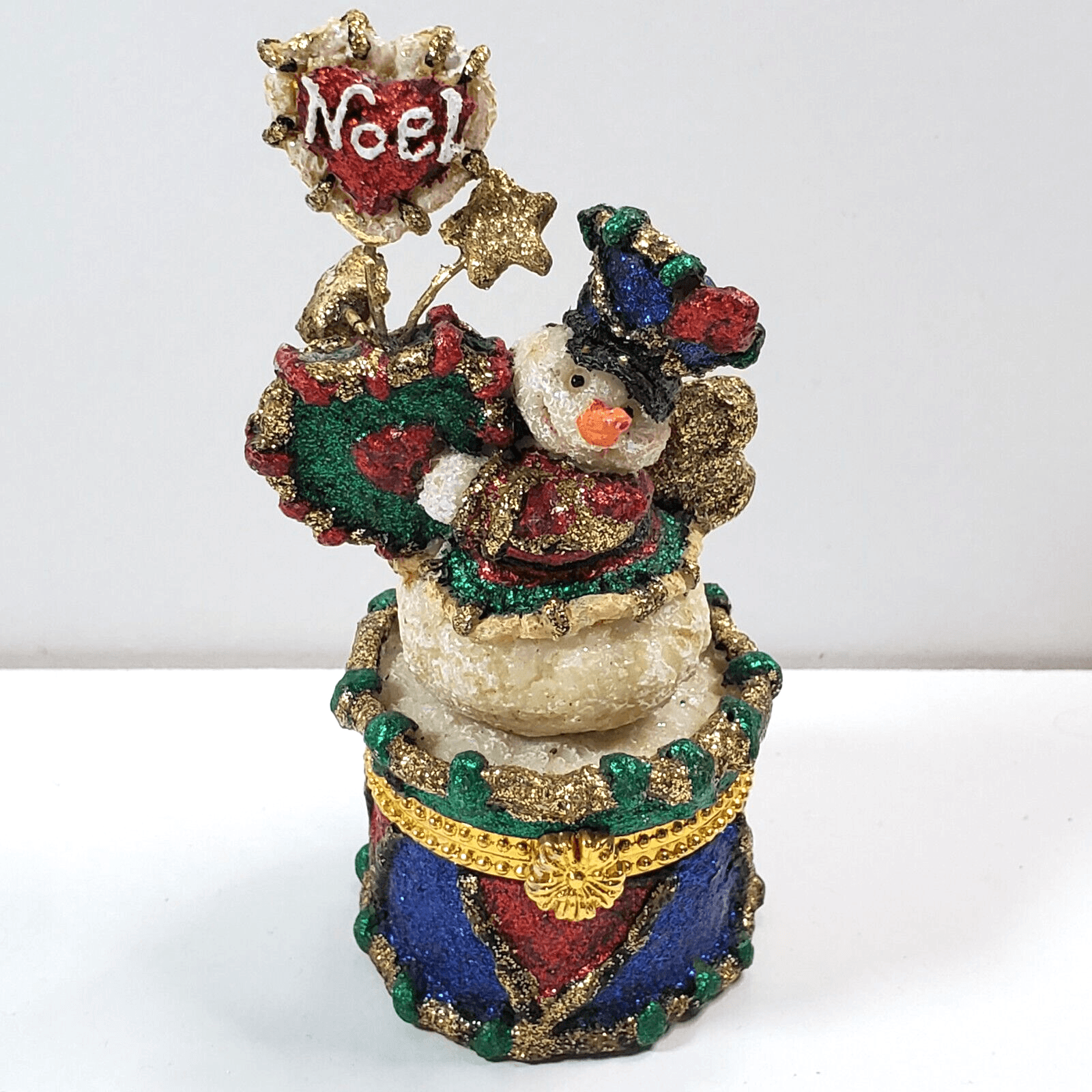 Holiday "Snowman" Resin Metal Trinket Box 4" Tall Hinged Lined Interior