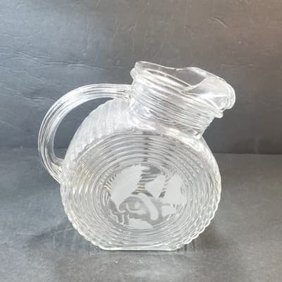 Vtg Clear Disc Glass Round Art Deco Ribbed Juice Pitcher with Etched Leaf Design - Thumbnail 4