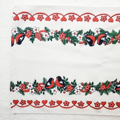 Vtg Linen Woven Textile Red Black Birds Flowers Dresser Scarf Table Runner 38" - Thumbnail 2