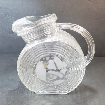Vtg Clear Disc Glass Round Art Deco Ribbed Juice Pitcher with Etched Leaf Design