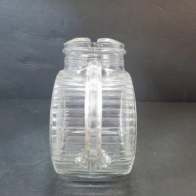 Vtg Clear Disc Glass Round Art Deco Ribbed Juice Pitcher with Etched Leaf Design - Thumbnail 5