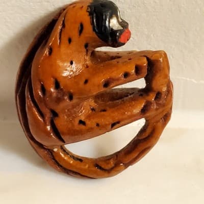 Vintage Carved Peach Pit Miniature Monkey Painted Face Holding Tail