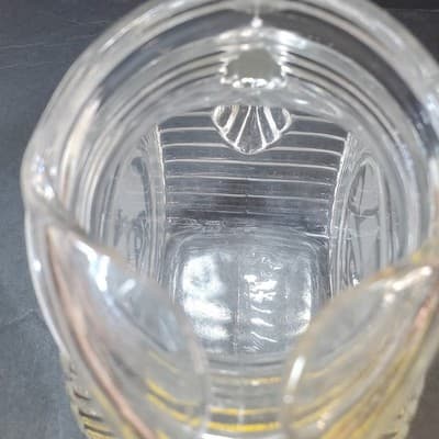 Vtg Clear Disc Glass Round Art Deco Ribbed Juice Pitcher with Etched Leaf Design - Thumbnail 8
