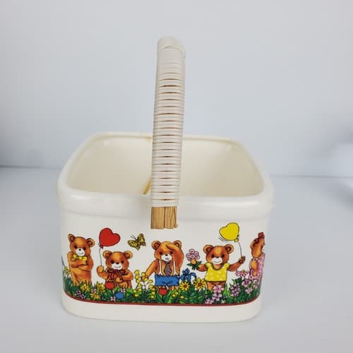 Vtg Japan Ceramic Square Basket with Handle Bears Balloons Butterfly Springtime - Thumbnail 6