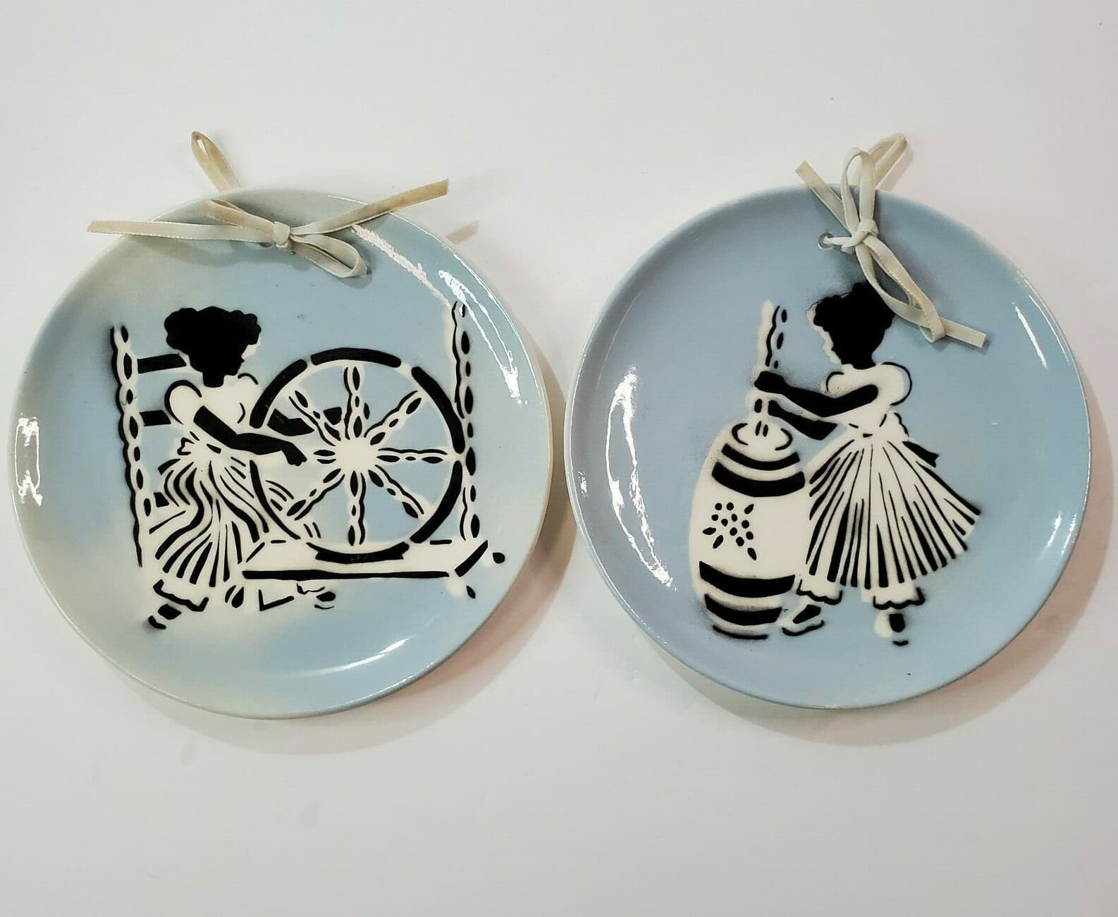 Cleminsons Pottery California Blue Plates Silhouette Girl Wheel & Butter Churn