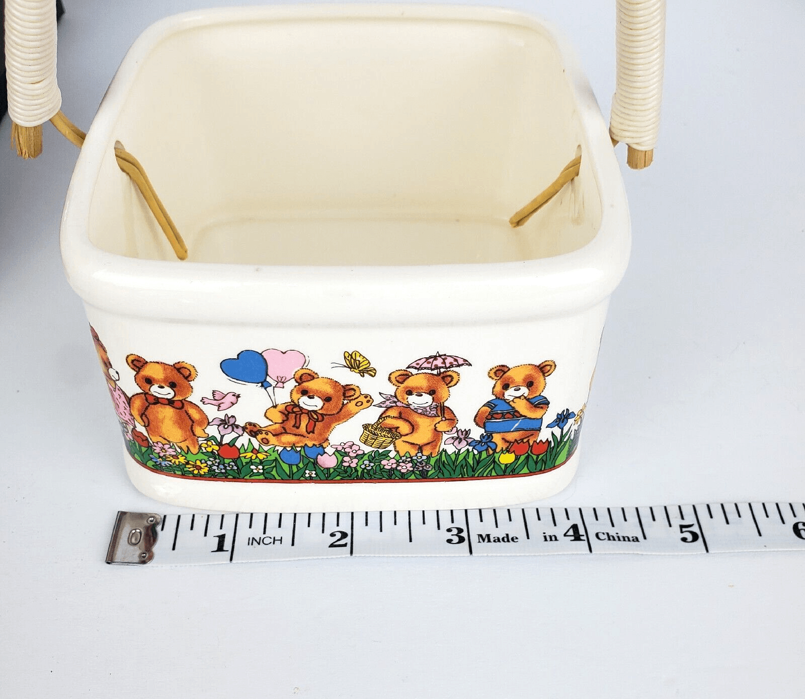 Vtg Japan Ceramic Square Basket with Handle Bears Balloons Butterfly Springtime - Thumbnail 10