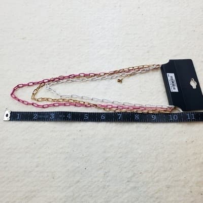 Torrid 3 Row Strand Layered Oval Link Chain Necklace Pink White Gold Tone NEW - Thumbnail 6