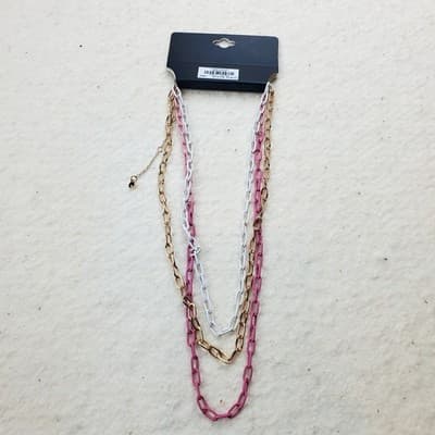 Torrid 3 Row Strand Layered Oval Link Chain Necklace Pink White Gold Tone NEW - Thumbnail 4