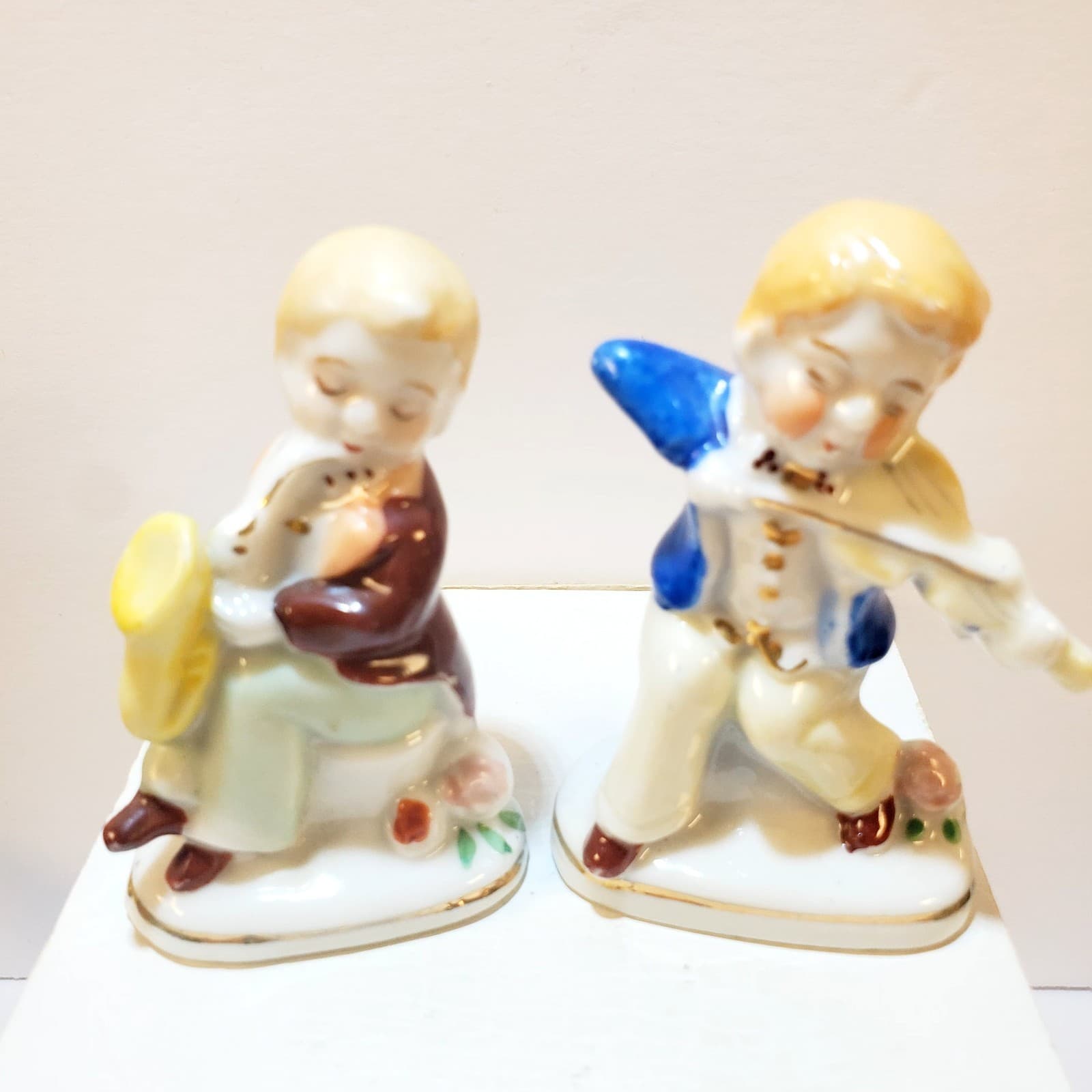 2 Occupied Japan Figurines Boy Musicians Playing Saxophone & Violin Instrument