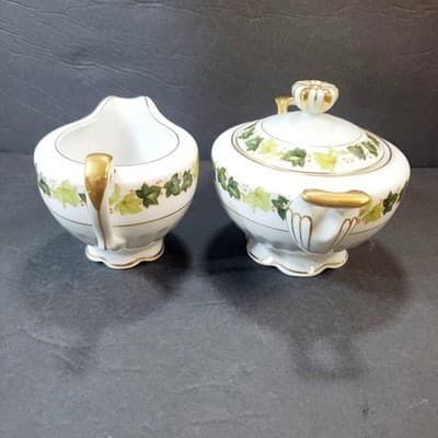 Vtg Regal China Lawndale Occupied Japan Green Leaf Creamer & Sugar Bowl w/ Lid - Thumbnail 7