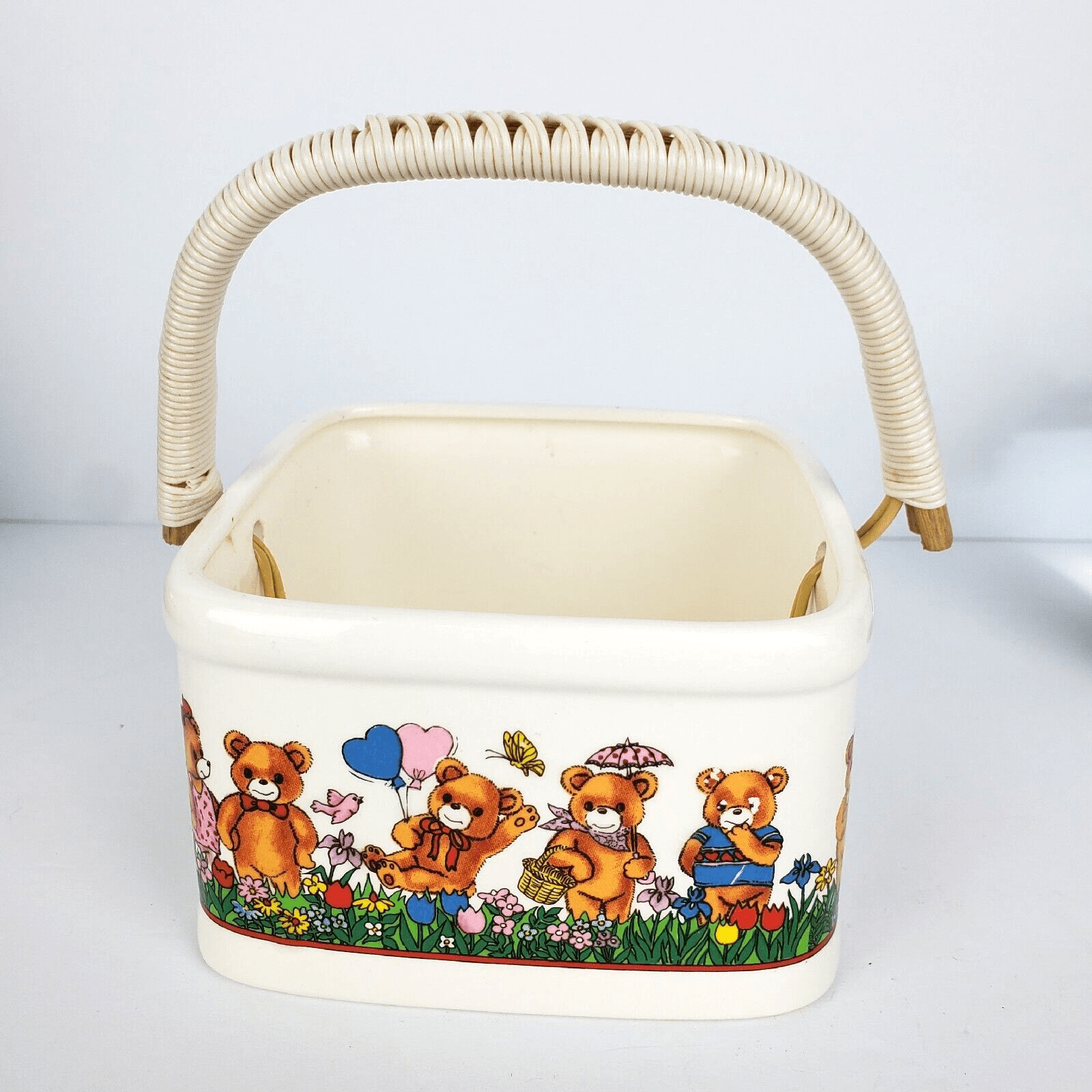 Vtg Japan Ceramic Square Basket with Handle Bears Balloons Butterfly Springtime - Thumbnail 3