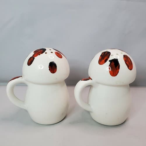 Ceramic Drip Paint Mushroom Handled Salt Pepper Shakers White Orange Black - Thumbnail 3
