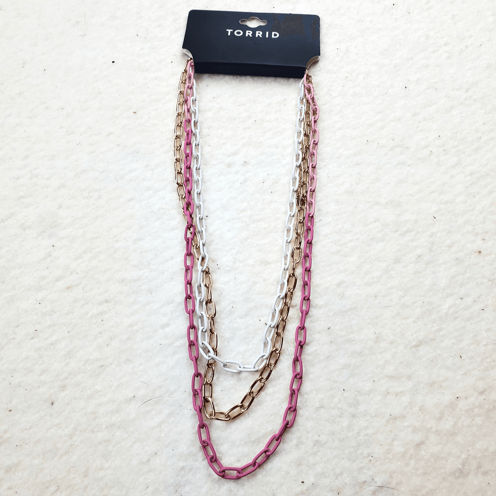 Torrid 3 Row Strand Layered Oval Link Chain Necklace Pink White Gold Tone NEW