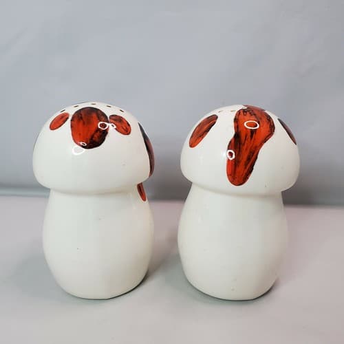 Ceramic Drip Paint Mushroom Handled Salt Pepper Shakers White Orange Black - Thumbnail 4