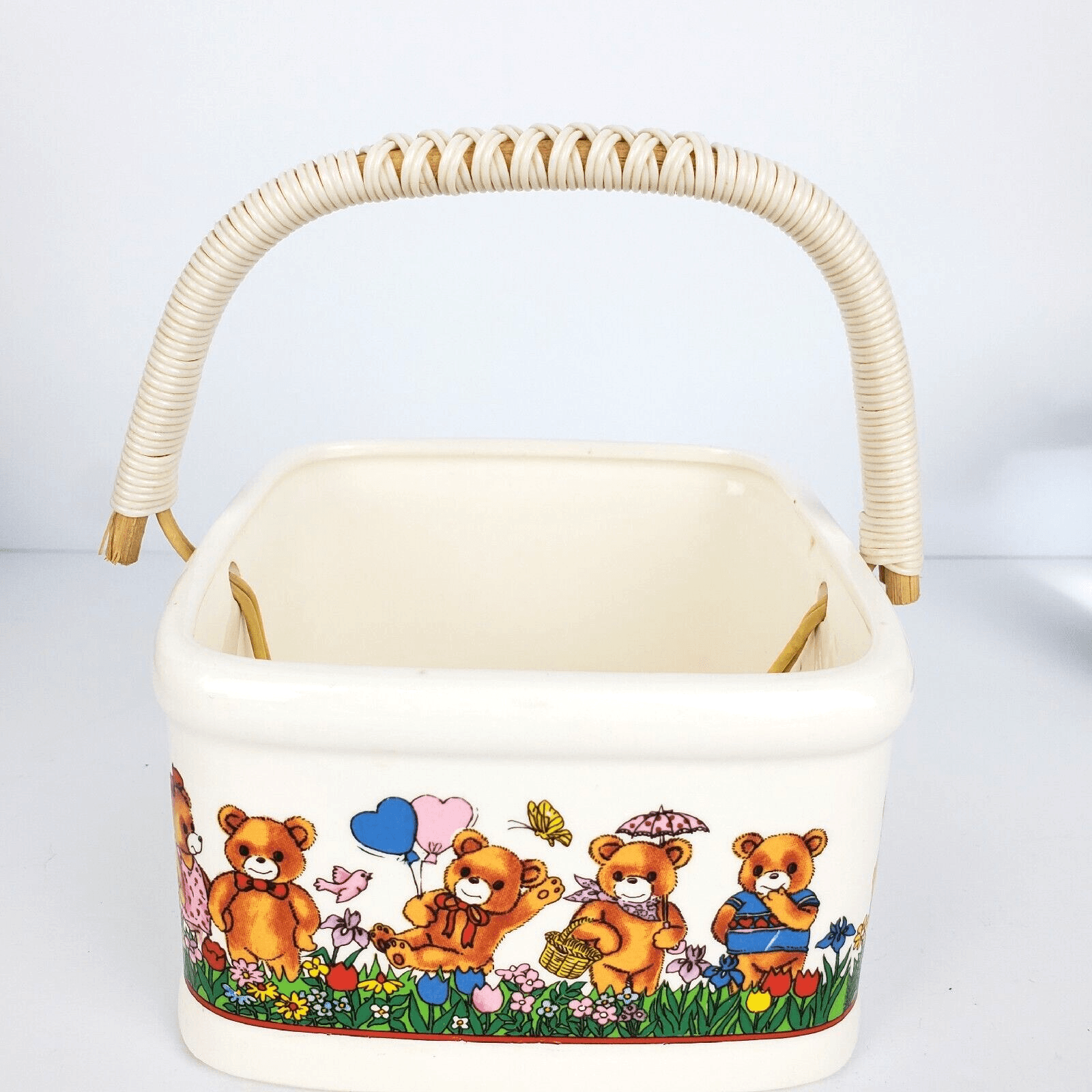 Vtg Japan Ceramic Square Basket with Handle Bears Balloons Butterfly Springtime - Thumbnail 5