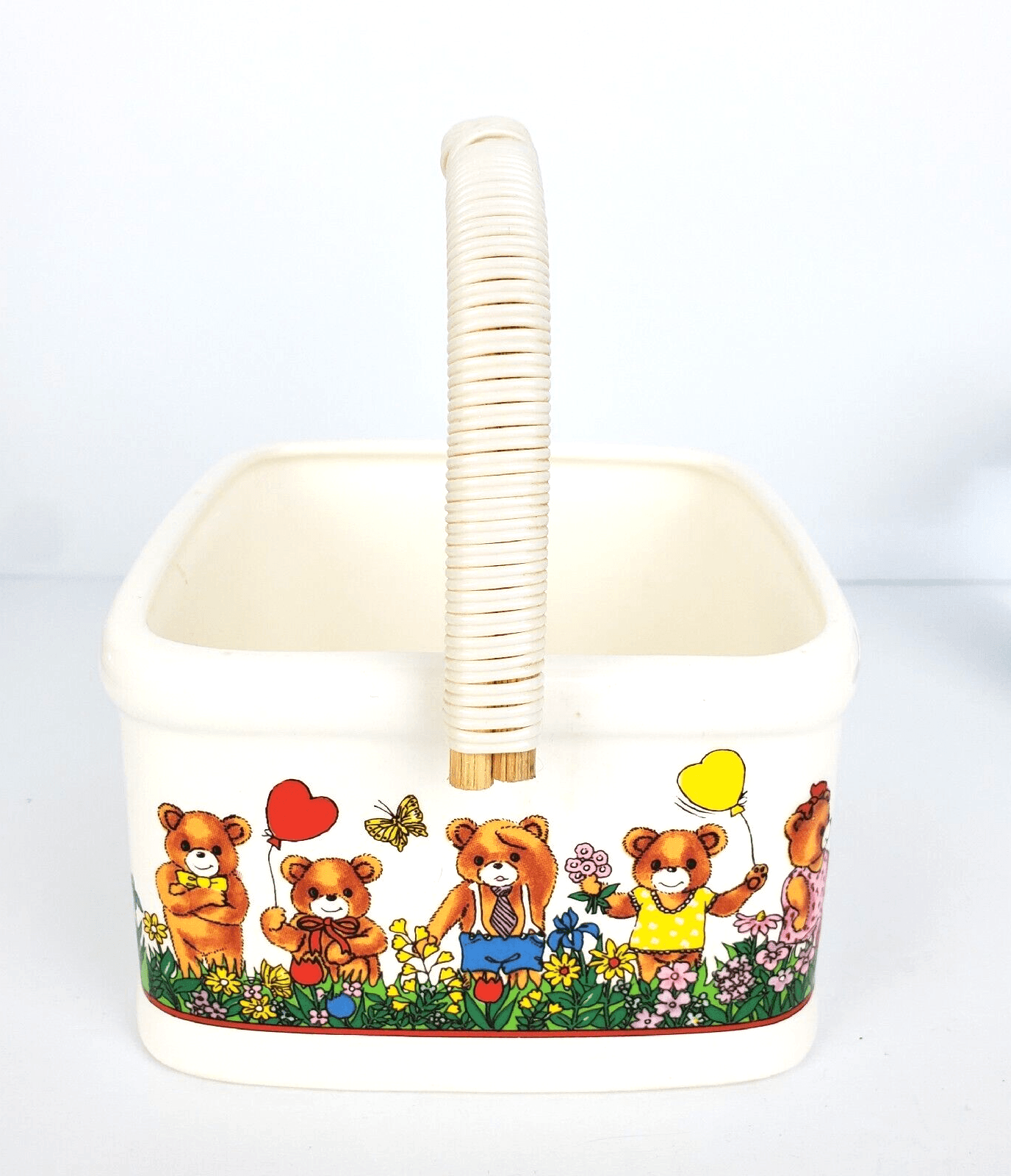 Vtg Japan Ceramic Square Basket with Handle Bears Balloons Butterfly Springtime - Thumbnail 4
