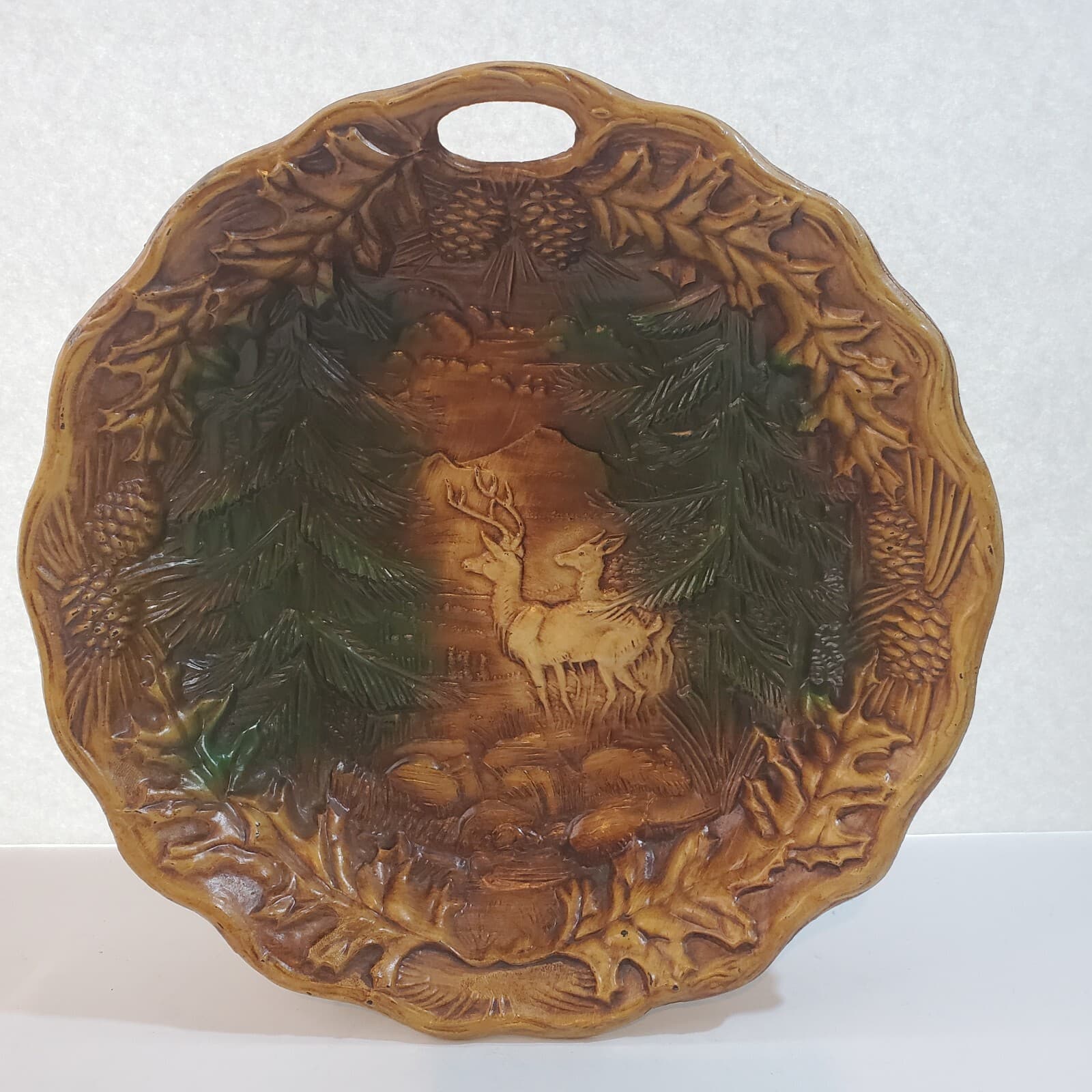 Vintage Syroco Faux Wood Grain Bowl with Deer and Pine Tree Forest Leaves 9.5 in
