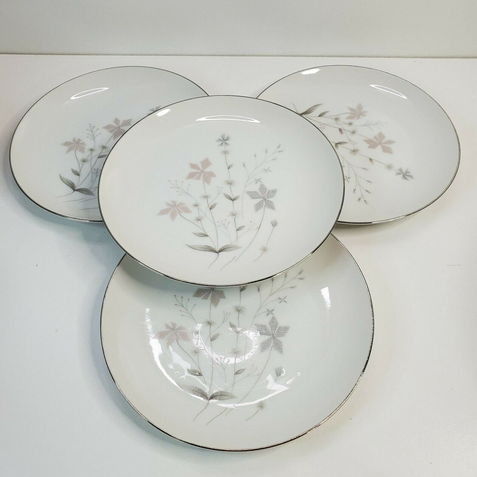 Vintage Fine Porcelain China BETH Japan Floral Desert Plates Silver Trim Set (4)