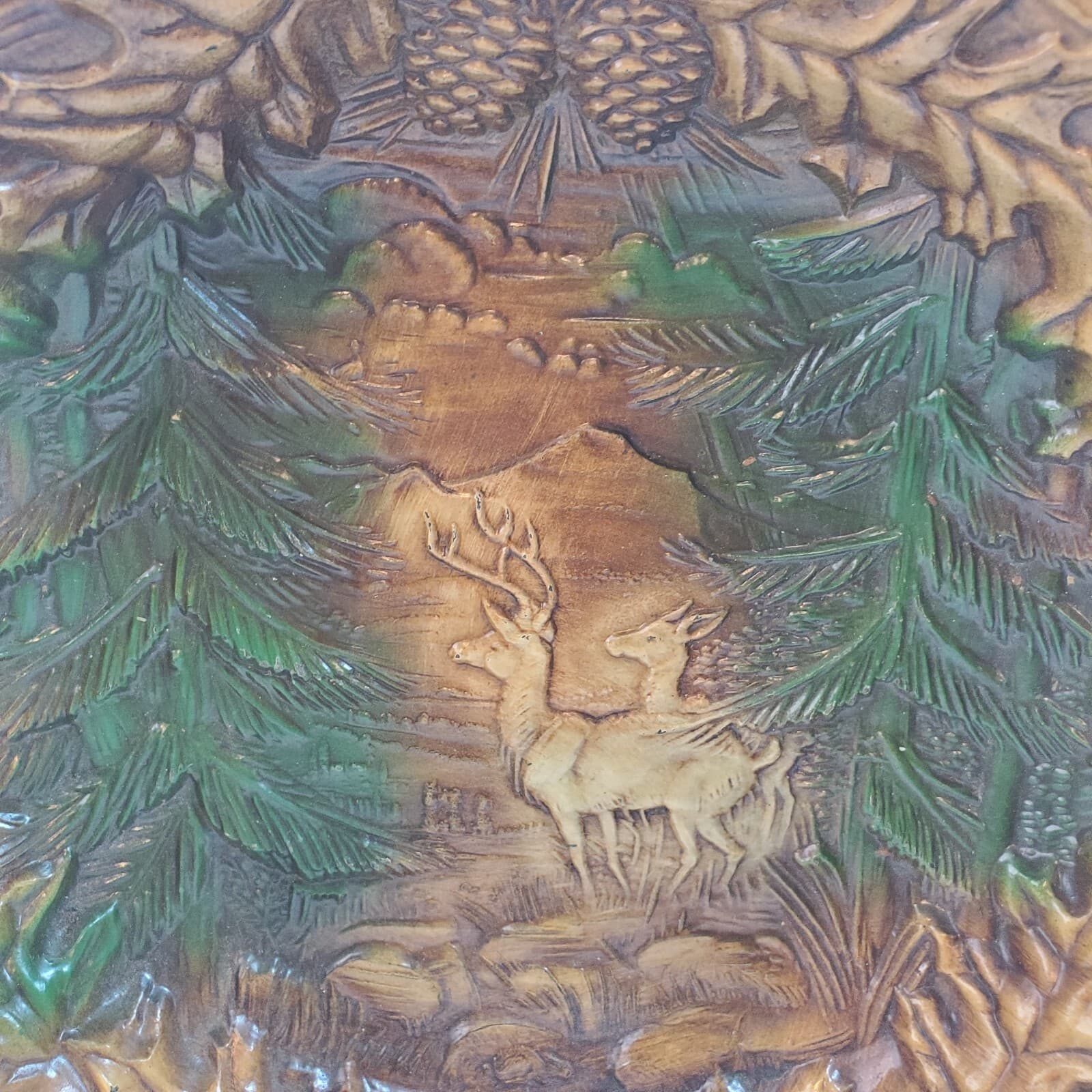 Vintage Syroco Faux Wood Grain Bowl with Deer and Pine Tree Forest Leaves 9.5 in - Thumbnail 2