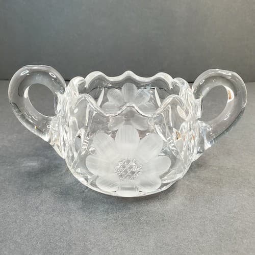 Cut Clear Glass Etched Frosted Flower Double Handled Open Sugar Bowl Heavy