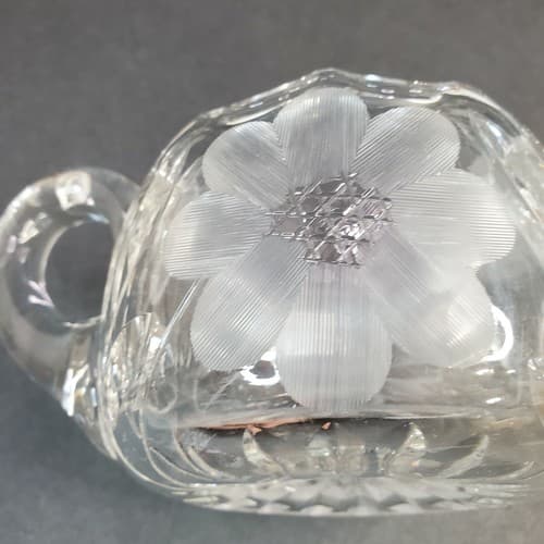 Cut Clear Glass Etched Frosted Flower Double Handled Open Sugar Bowl Heavy - Thumbnail 4