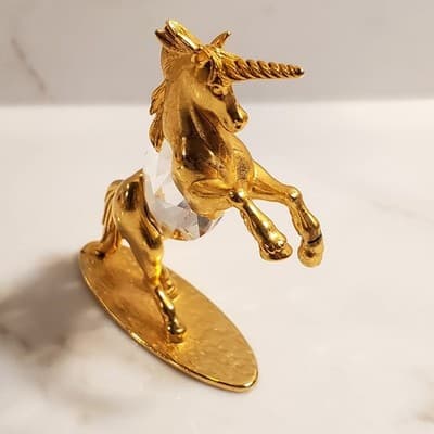Vtg Signed JJ Polished Gold Tone Faceted Crystal Center Unicorn Figurine 3.25” - Thumbnail 3