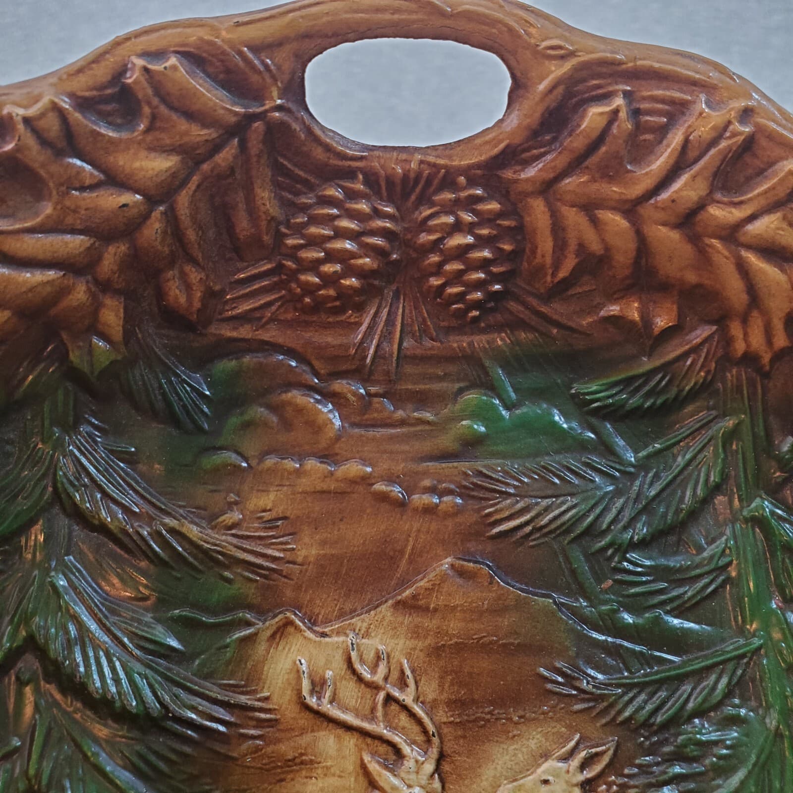 Vintage Syroco Faux Wood Grain Bowl with Deer and Pine Tree Forest Leaves 9.5 in - Thumbnail 4