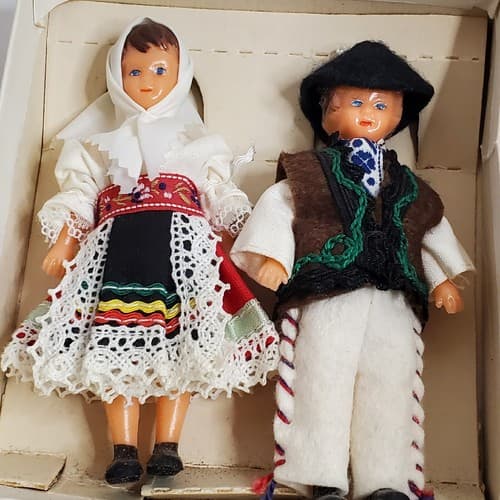 Vintage Ethnic Czechoslovakia Rubber Folk Dolls 4.25" Moveable Arms and Legs - Thumbnail 2