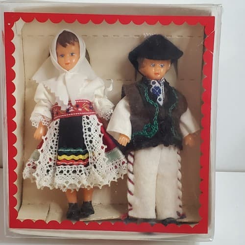 Vintage Ethnic Czechoslovakia Rubber Folk Dolls 4.25" Moveable Arms and Legs