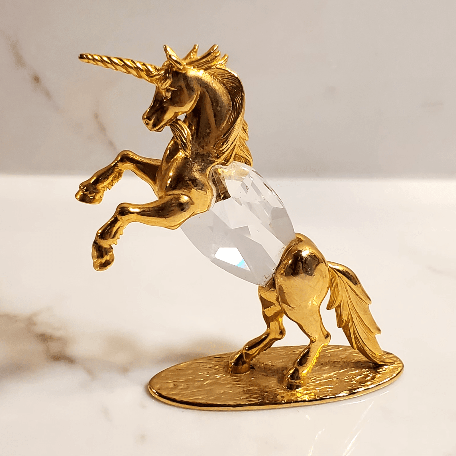 Vtg Signed JJ Polished Gold Tone Faceted Crystal Center Unicorn Figurine 3.25”