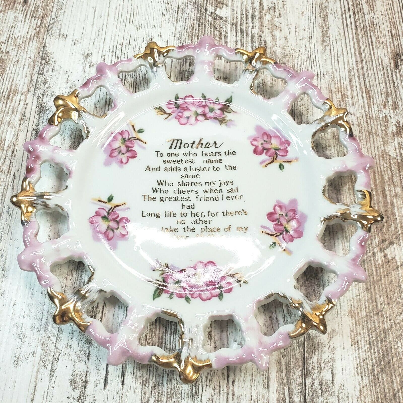 Vtg A Quality Product Made in Japan Porcelain "Mother" Poem Reticulated Plate